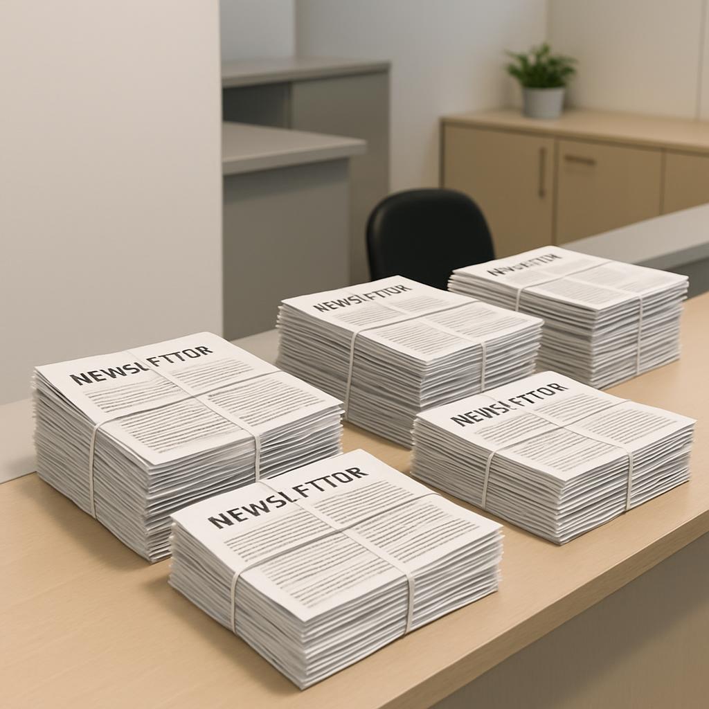 Stacks of newsletters on a desk in what could be an office environment.