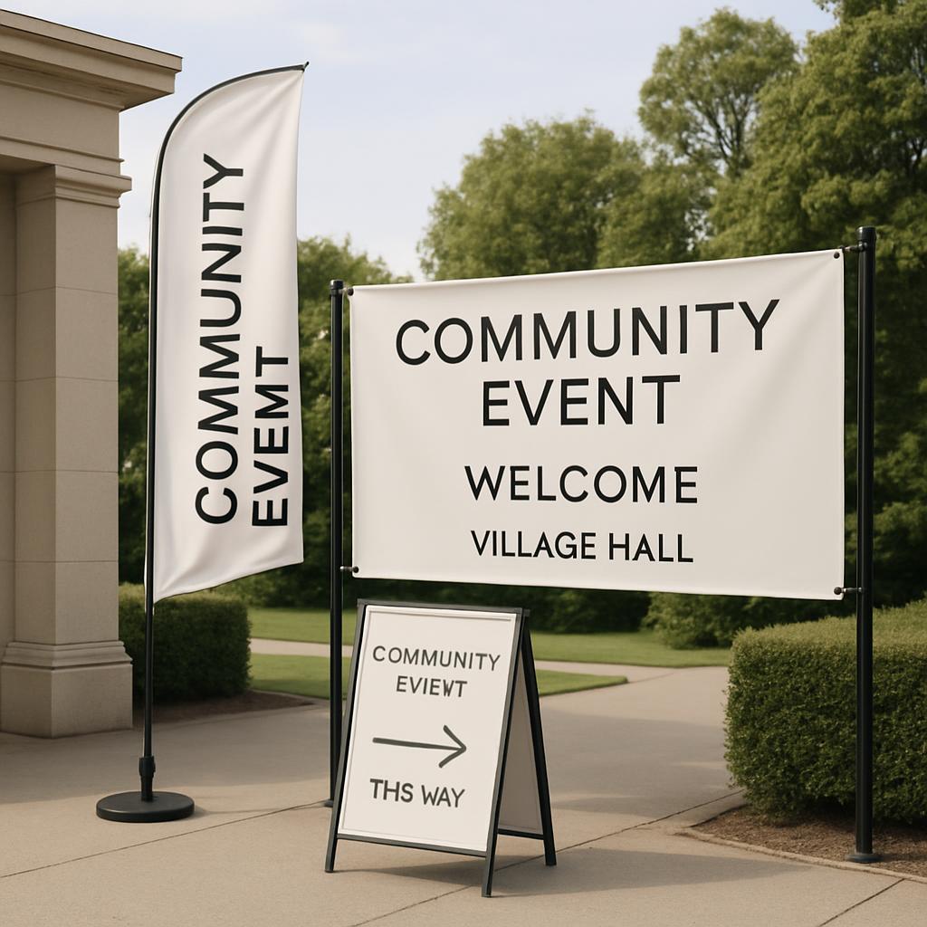 A community event sign in front of a building with trees in the background.