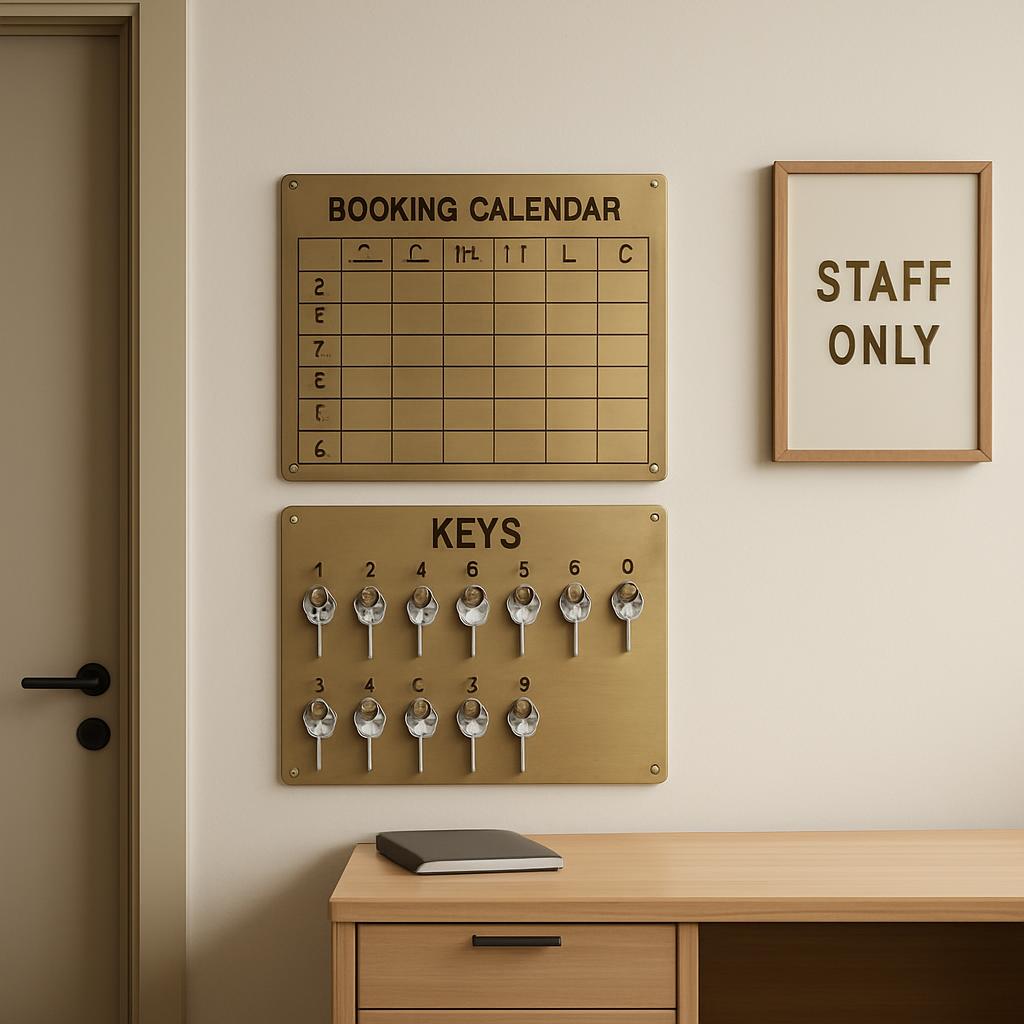 A room with a door, keys, and a staff only sign on the wall.